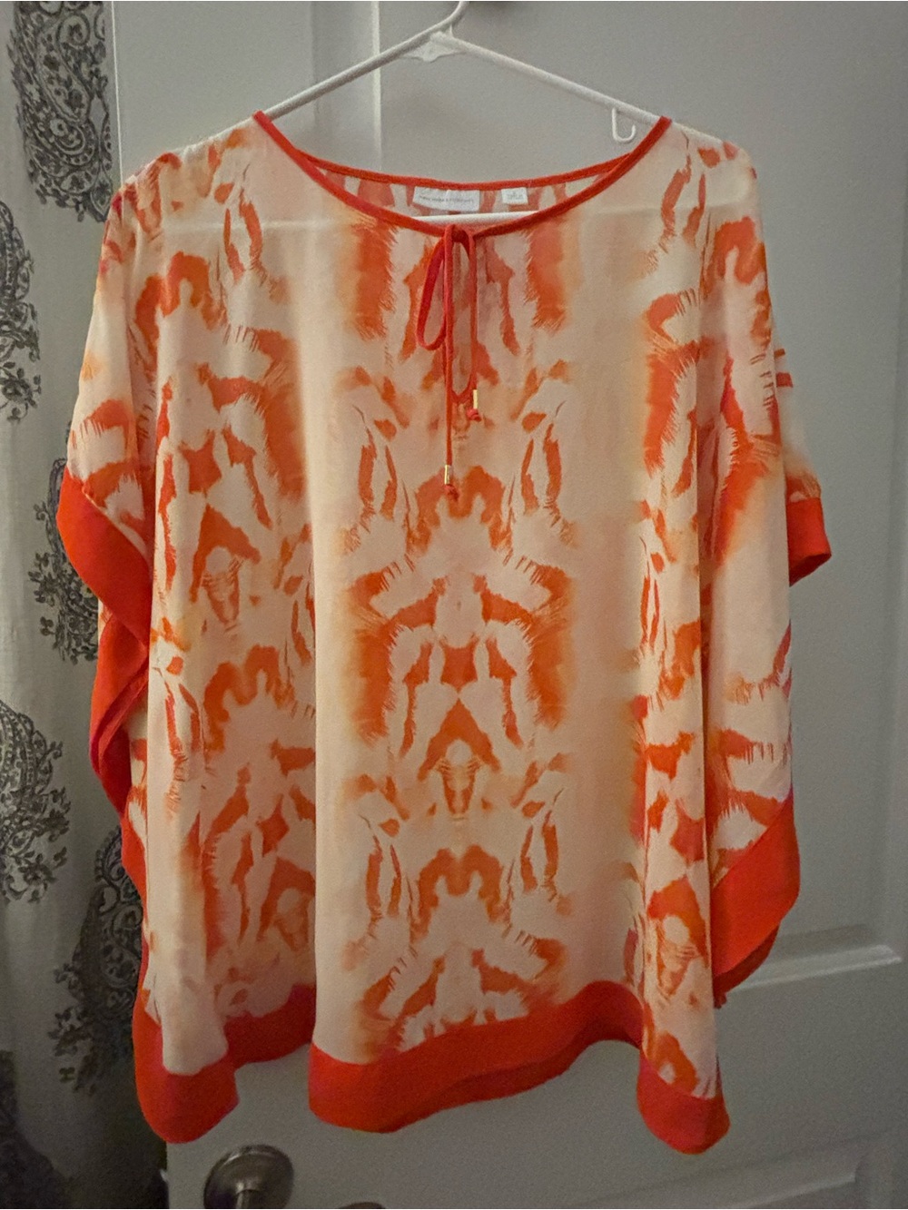 New York & Company Orange and Cream Printed Tie-Neck Tunic